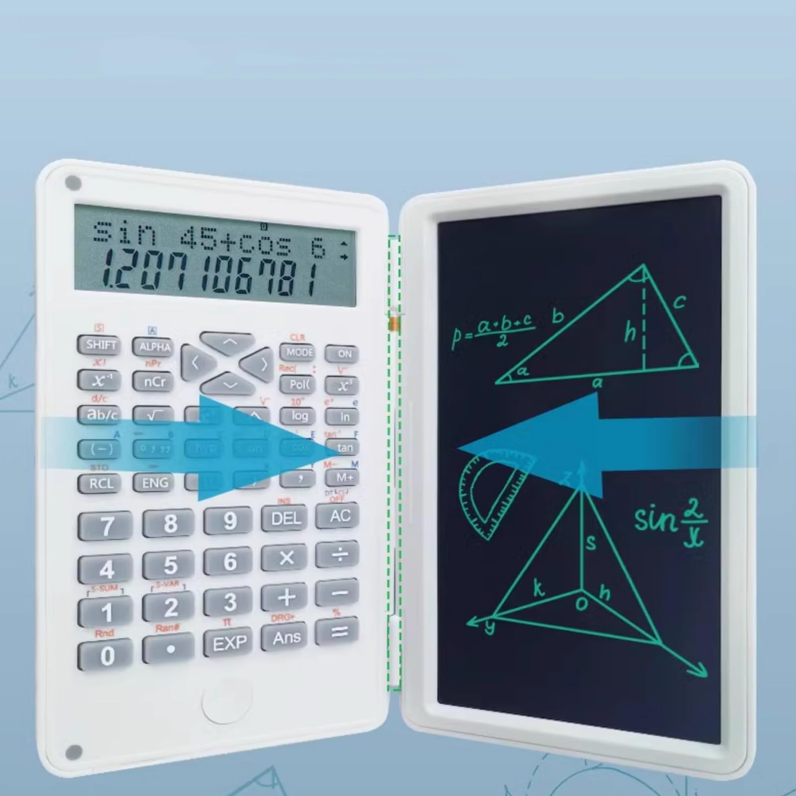 Calculatrice Scientifique 240 Fonctions avec Tableau d'Ecriture Effaçable Écran LCD à 12 Chiffres Calculette Simple 18×15cm，pour Bureau École，Noir，Blanc(White)
