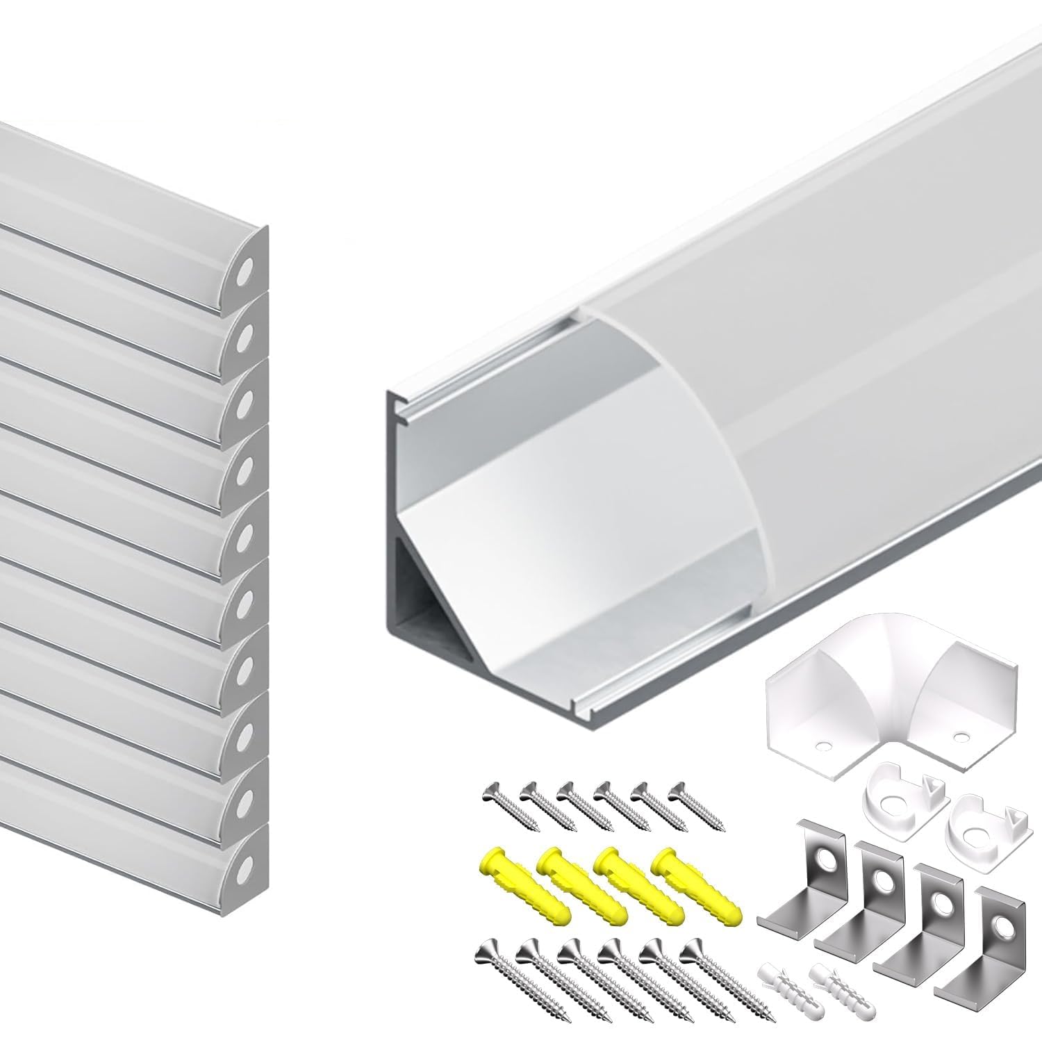 LED-Aluminiumprofil, 45-Grad-V-Winkel, 10 Stück à 1 Meter (10m Gesamtlänge), mit milchweißer PC-Abdeckung, Endkappen und Montageclips für LED-Streifen (10-teilig × 1m) [Energieeffizienzklasse A++]