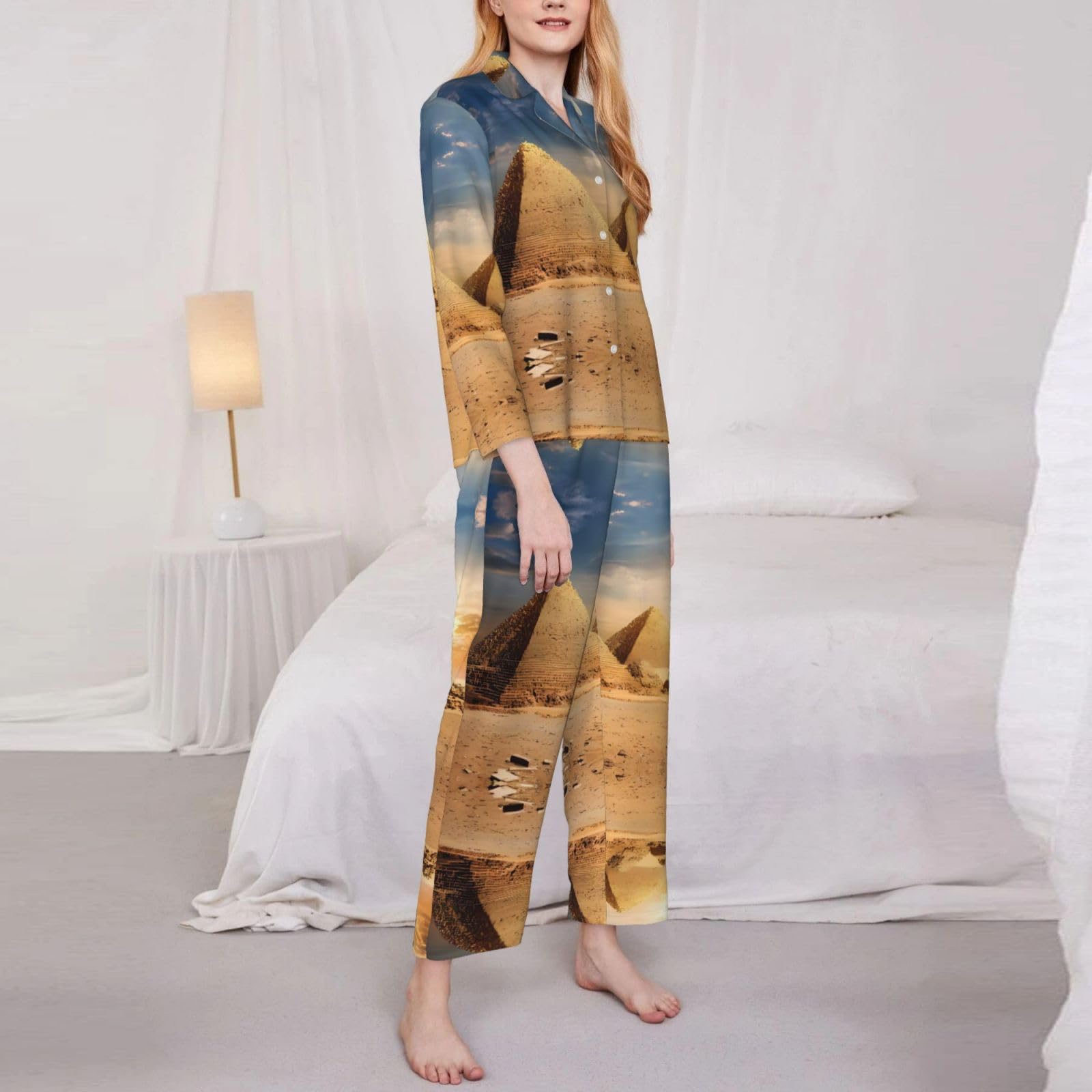 Pigiama da donna - Piramide egiziana con stampa deserto a maniche lunghe, traspirante e delicato sulla pelle, abbigliamento da casa per autunno e inverno