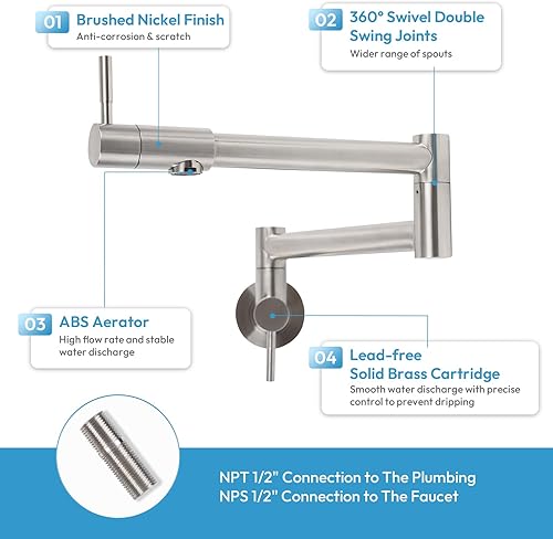 Miniatura 3 de Grifo de llenado de ollas de acero inoxidable de níquel cepillado, montaje en pared con brazos oscilantes de doble junta, grifo de cocina plegable