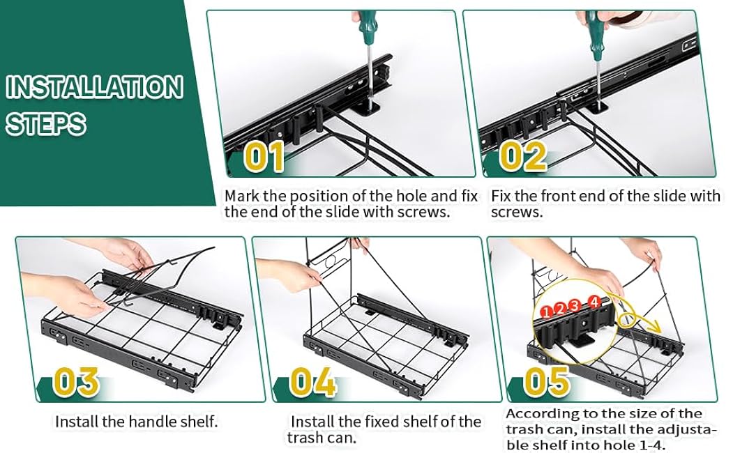 Pull Out Trash Can, Stainless Steel Kitchen Adjustable Trash Slide Out Shelf, Cabinet Trash Can Pull Out Kit, Fit 7-11 Gallon Bin(Black, No Bin Included)