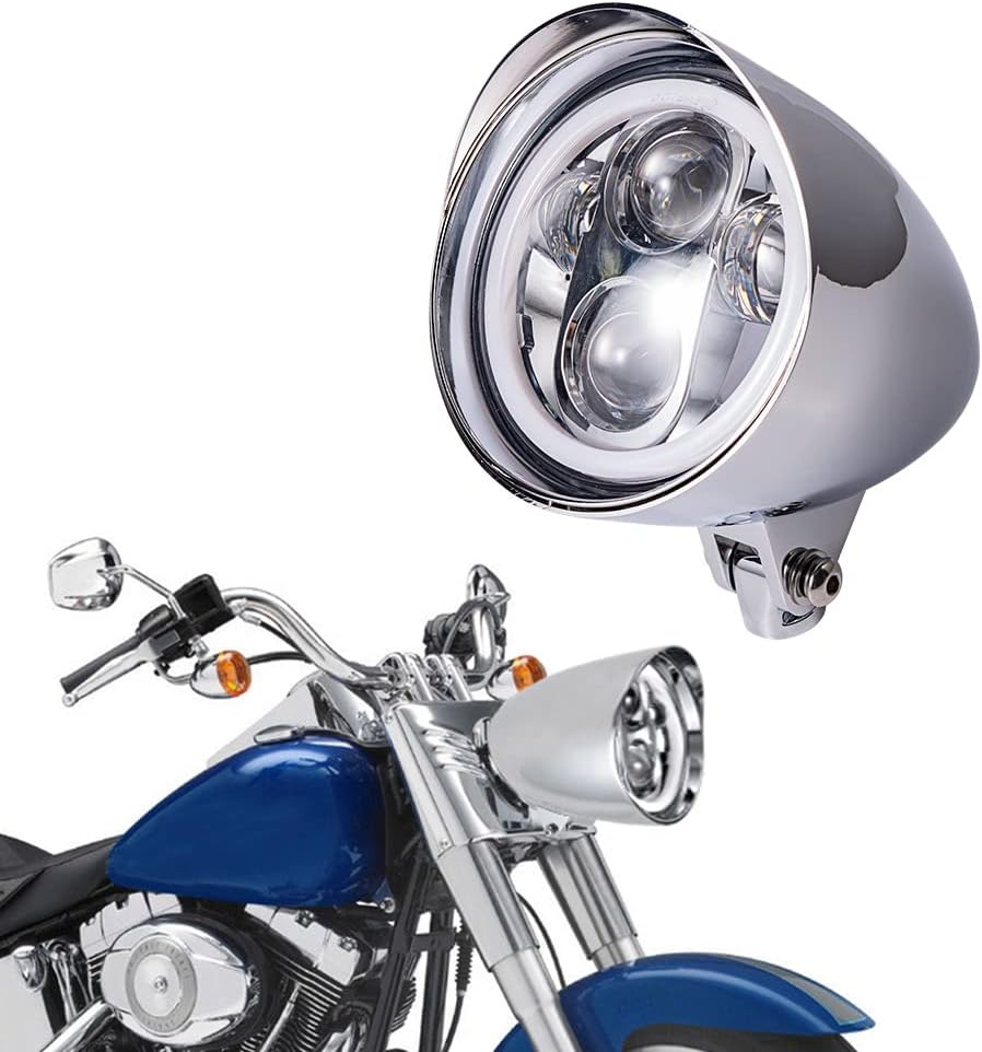 Chrome Billet CREE LED 5.75 White High Low Beam Headlight Amber Halo Ring DRL Compatible with Harley Sportster Dyna FX Softail