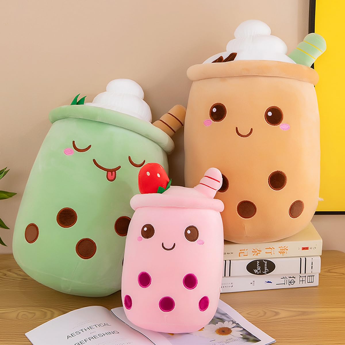 Bubble Tea Peluche Cuscino, Kawaii Boba Peluche Giocattolo Imbottito Soft Bubble Pearl Milk Tea Abbraccio Cuscino Regali per Bambini(Brown-Round eyes,50cm)
