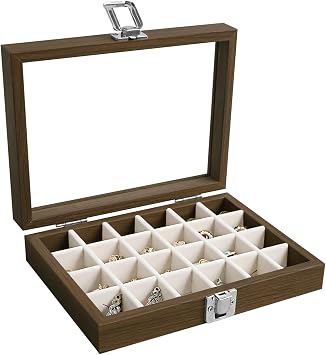 Wudygirl Wood Jewelry Organizer Small Jewelry Box Jewelry Tray with Lid Earring Organizer for Women Velvet Ring Holder Jewelry Storage Display for Drawer Earring Case 24 Grid Beige