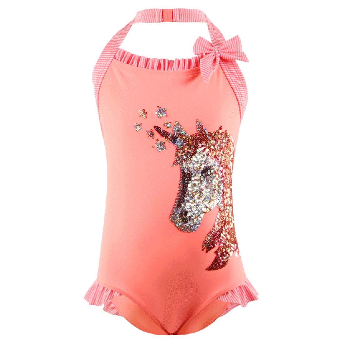 Julysand Toddler Girls One Piece Swimsuit Sequin Unicorn Swimwear Bow  Ruffle Orange Bathing Suit