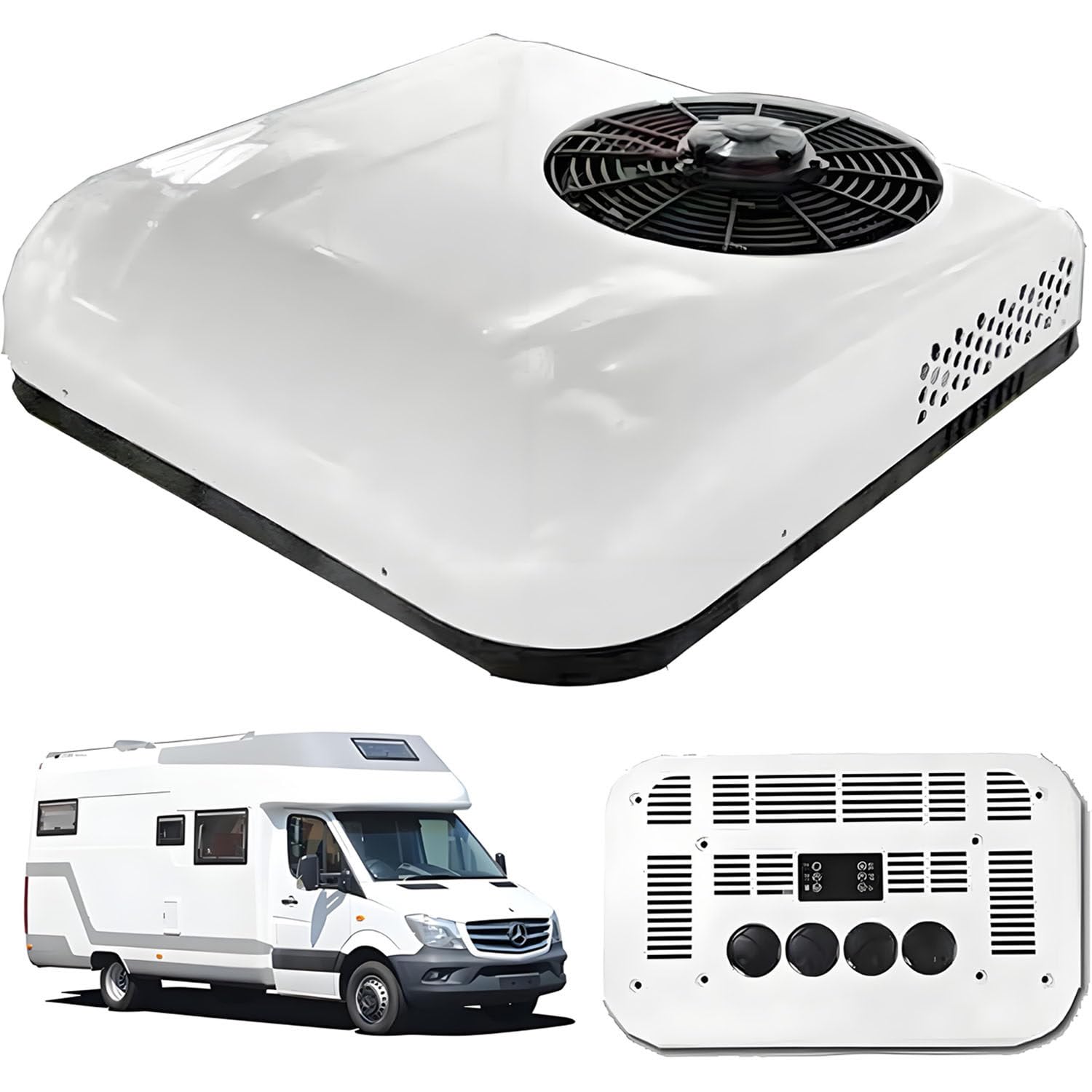COAKUE Low Power Quiet Camper A/C Unit, 12V/24V RV Rooftop Air Conditioner, Universal for RV Rooftop AC Unit, Slim Fit Design for Van Boat Caravan Tractor White-12V