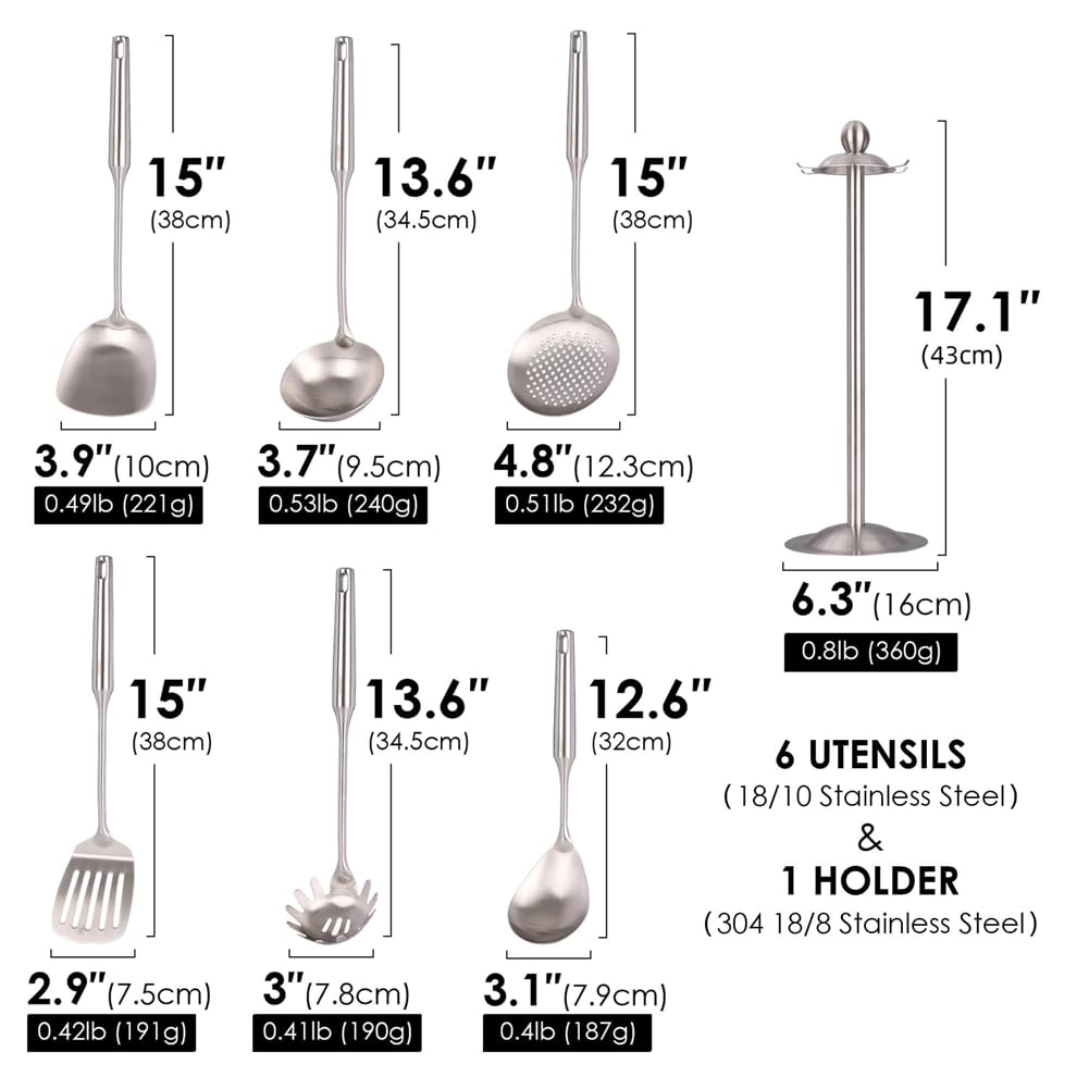 Juego de Utensilios de Cocina de Acero Inoxidable 18/10 - Utensilios de Cocina de 15 Pulgadas Totalmente Metálicos con Soporte Giratorio para Encimera