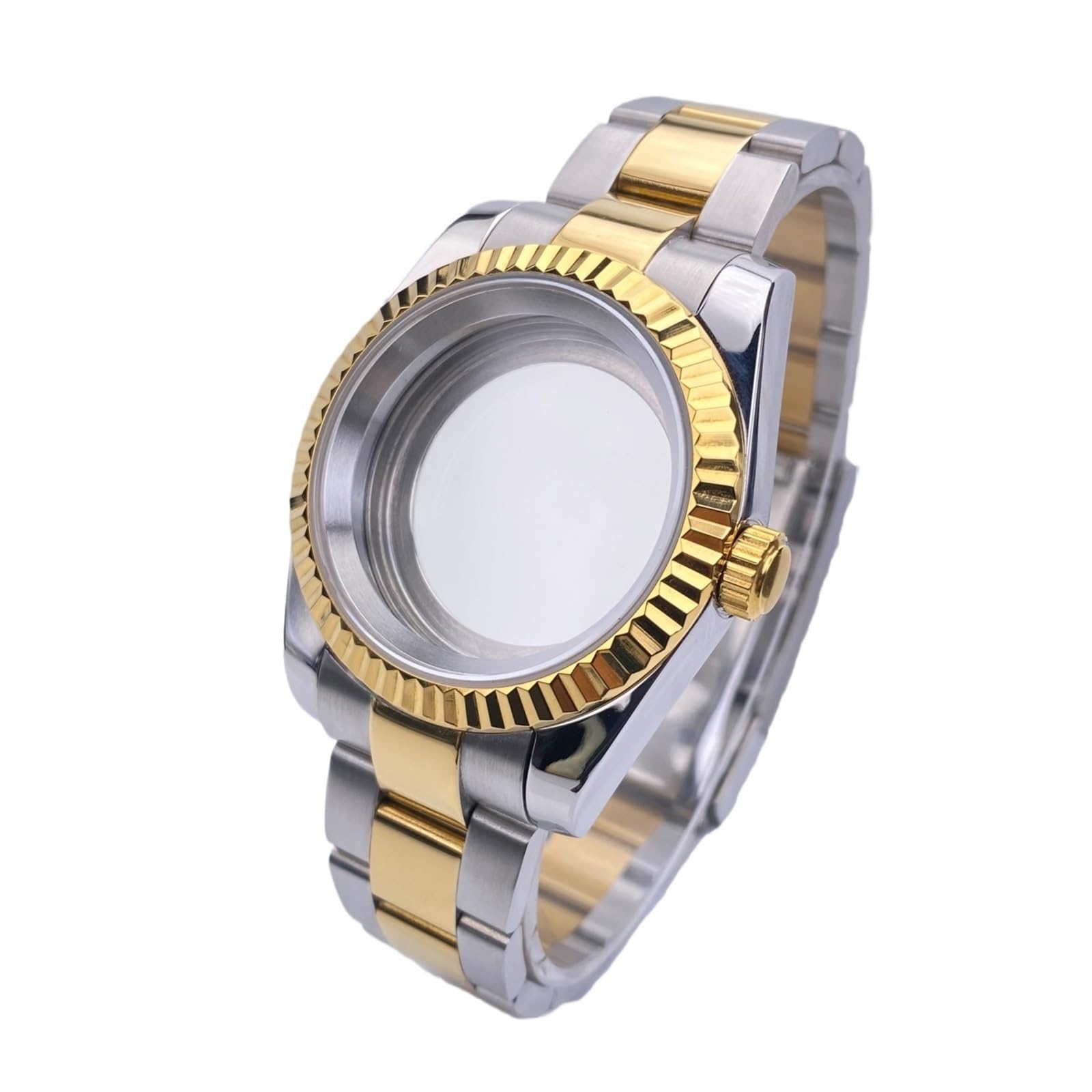 1 Stück Uhrengehäuse 39 mm, geriffelte Lünette, silber/gold, Saphirglas, Edelstahl, passend for NH35- und NH36-Uhrwerke, 28,5 Zifferblatt