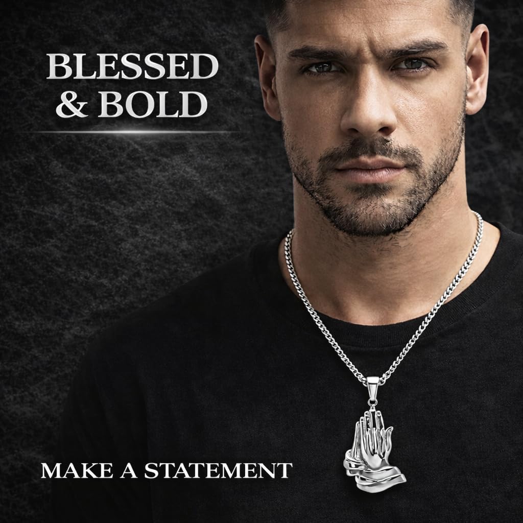 Steeltime 18K Plated Stainless Steel Praying Hands Pendant with 24" Inch Box Chain Necklace | Serenity prayer necklace | Religious Necklace for Men & Women | Silver - Image 2