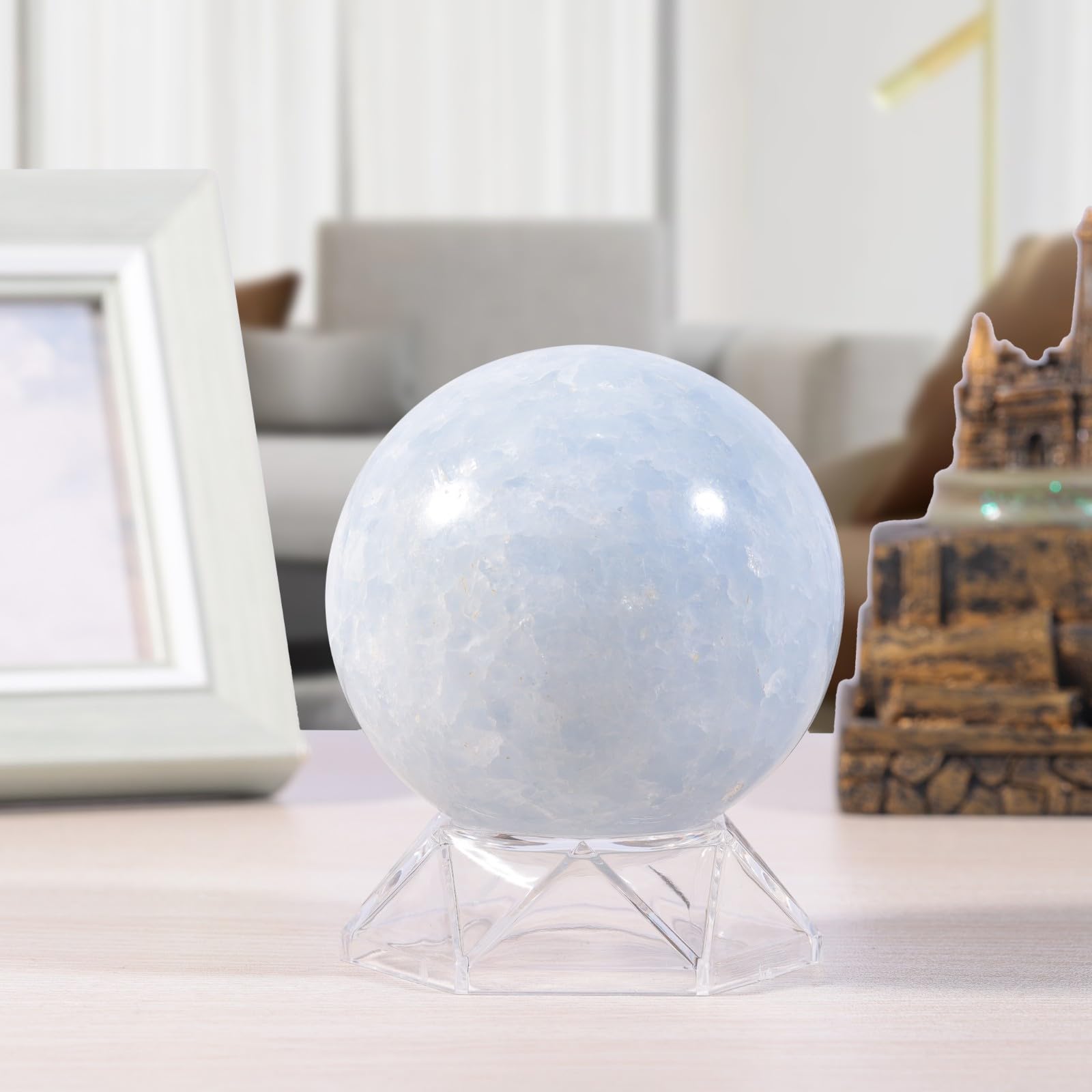 KYEYGWO Blue Celestite Crystal Ball with Acrylic Stand, Decorative Sphere for Witchcraft Fortune Teller Home Decor 71-80 mm - Image 4