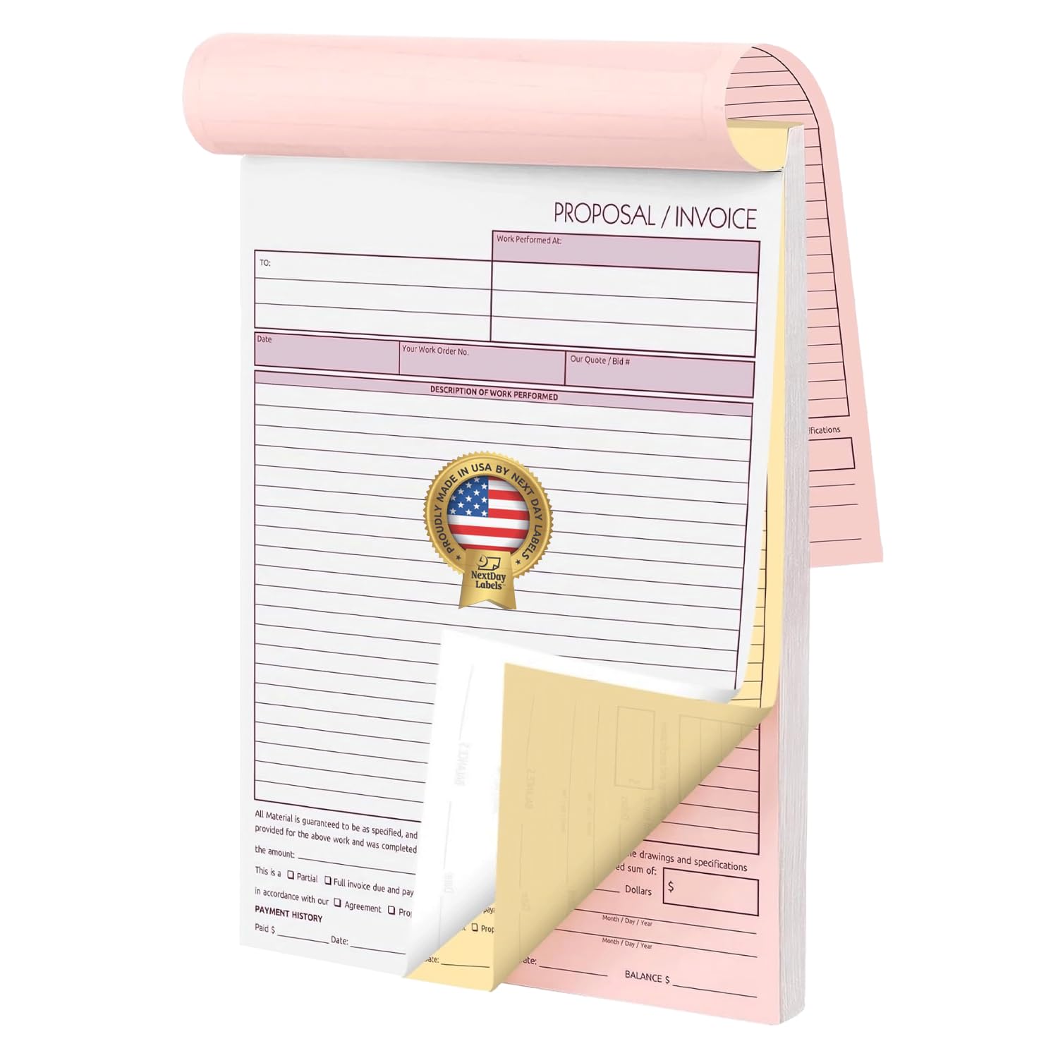 NextDayLabels - Contractor Invoice Book 8.5 x 11 3 Part Carbonless Triplicate Invoices Forms with White, Canary, and Pink Copies - Practical Proposal for Receipts, Work, Sales and Orders, 50 Sets