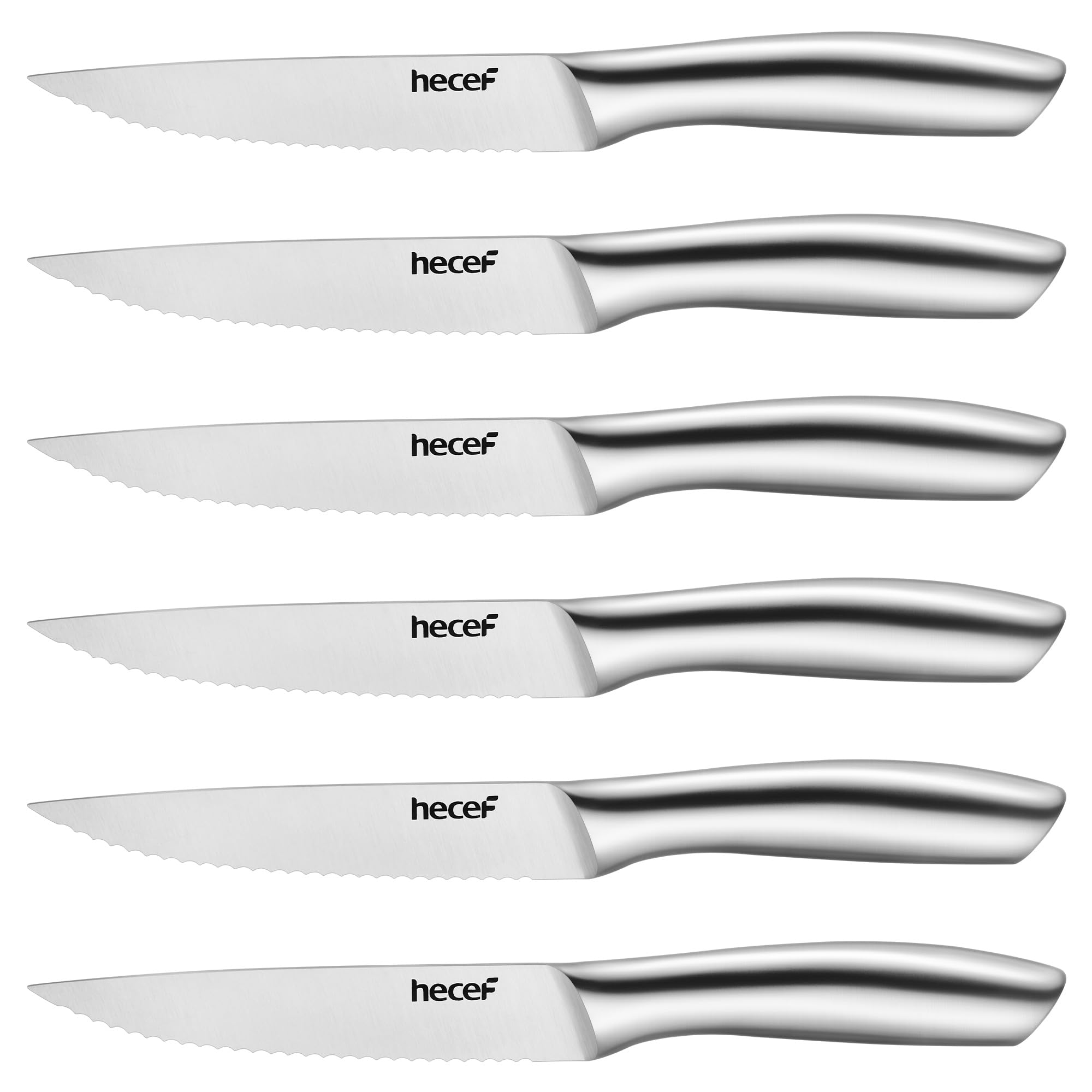 hecef coltelli da bistecca, set da 6 pezzi di coltelli da tavola affilati con lama seghettata e manico cavo ergonomico, coltello da carne in acciaio inox per bistecca e pane, 12,7 cm, argento