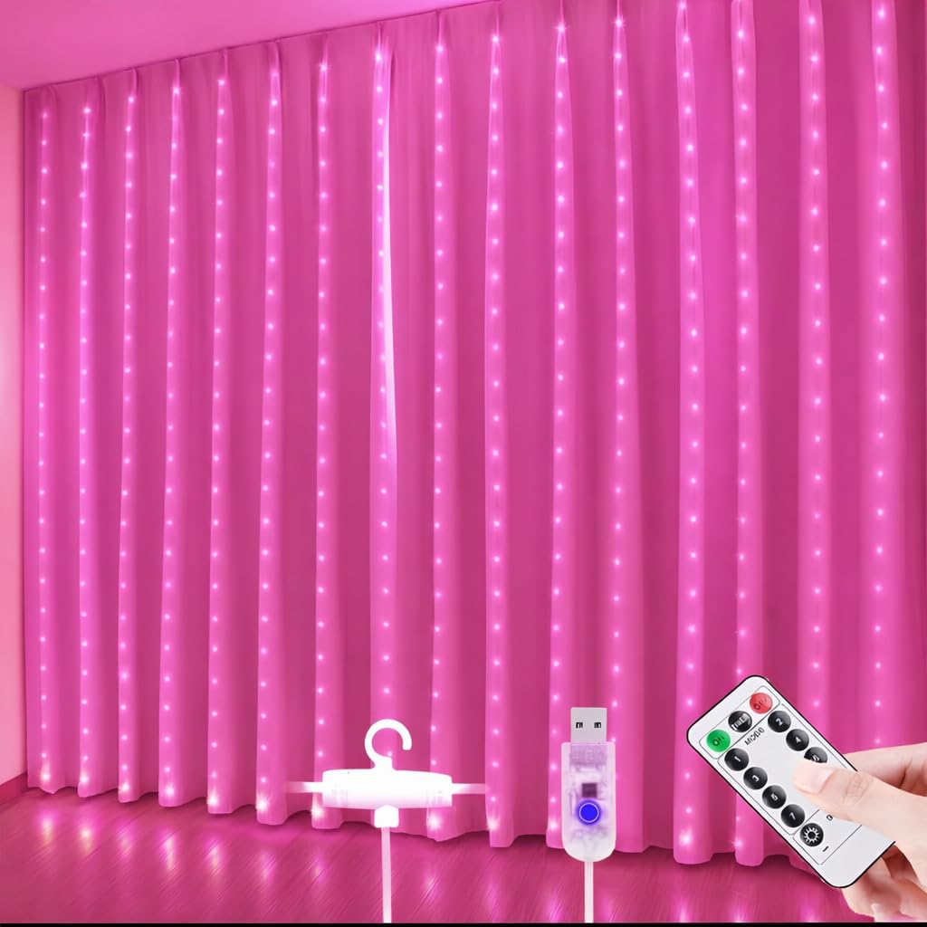 One94Store Fairy Curtain String Lights for Wall Decoration, USB Powered 300 LED's, 8 Flashing Modes, Window Backdrop Lights for Bedroom, Party, Diwali, Christmas - (3x3 Meter) Pink