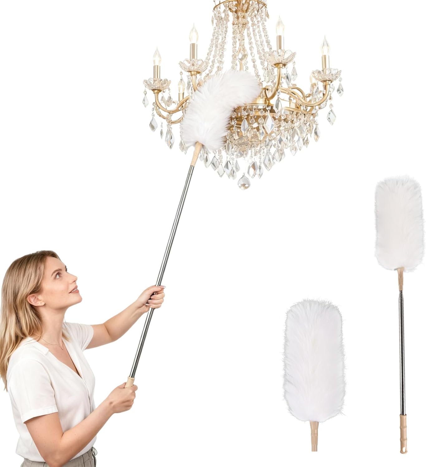 White Lambswool Extendable Duster, 32-98 Inch Bendable Wool Head with Anti-Static Properties and Stainless Steel Extension Pole for Ceiling Fans, High Walls, and Roof Dusting(Two Pack)