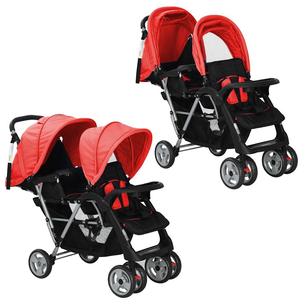 Passeggino Tandem in acciaio robusto per bambini con tettuccio pieghevole, leggero e compatto per città e fuoristrada con grande cestino, adatto per neonati e neonati fino a 15 kg