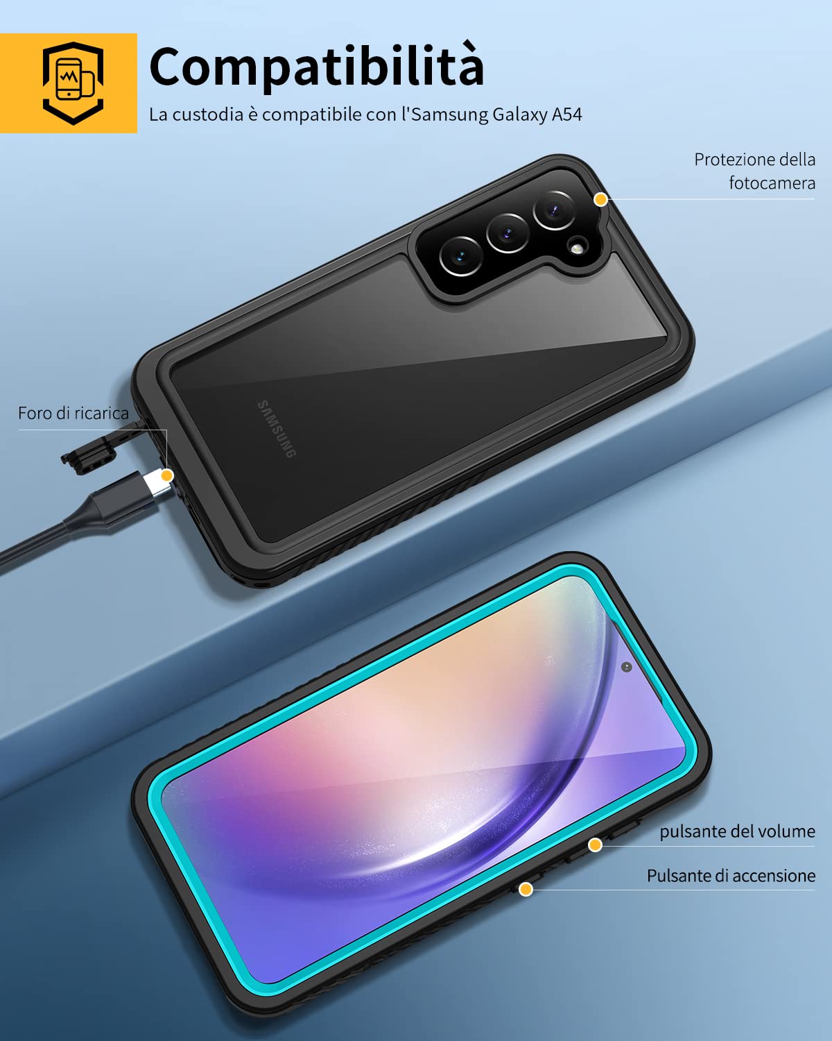 Lanhiem Cover Per Samsung Galaxy A54 5G Impermeabile IP68 Waterproof e 360 Gradi Protezione Custodia Subacquea Antiurto Rugged con Full Body Military Protezione dello Schermo per Samsung A54 6,4",Blu