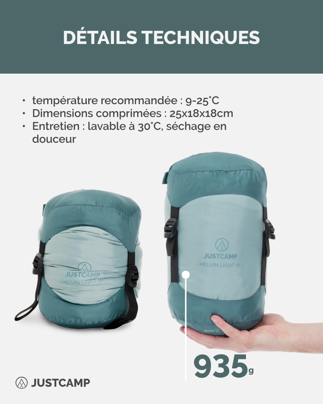 Justcamp Melvin Light Sac de Couchage - Adultes/Enfants (jusqu'à 200cm) - 3 Saisons (9-25 °C) - Sac de Couchage Couverture pour Camping, Voyages - Dimensions de Rangement 25x18x18 cm - Poids 935g