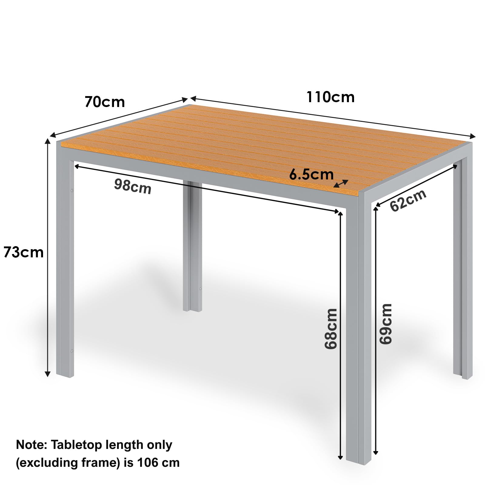 LIFERUN Gartentisch 110x70 cm mit Aluminiumrahmen, Rechteckiger WPC Balkontisch für 4-6 Personen, wetterfester und UV-beständiger Terrassentisch, moderner Outdoor Esstisch in Holzoptik, Teakbraun+grau