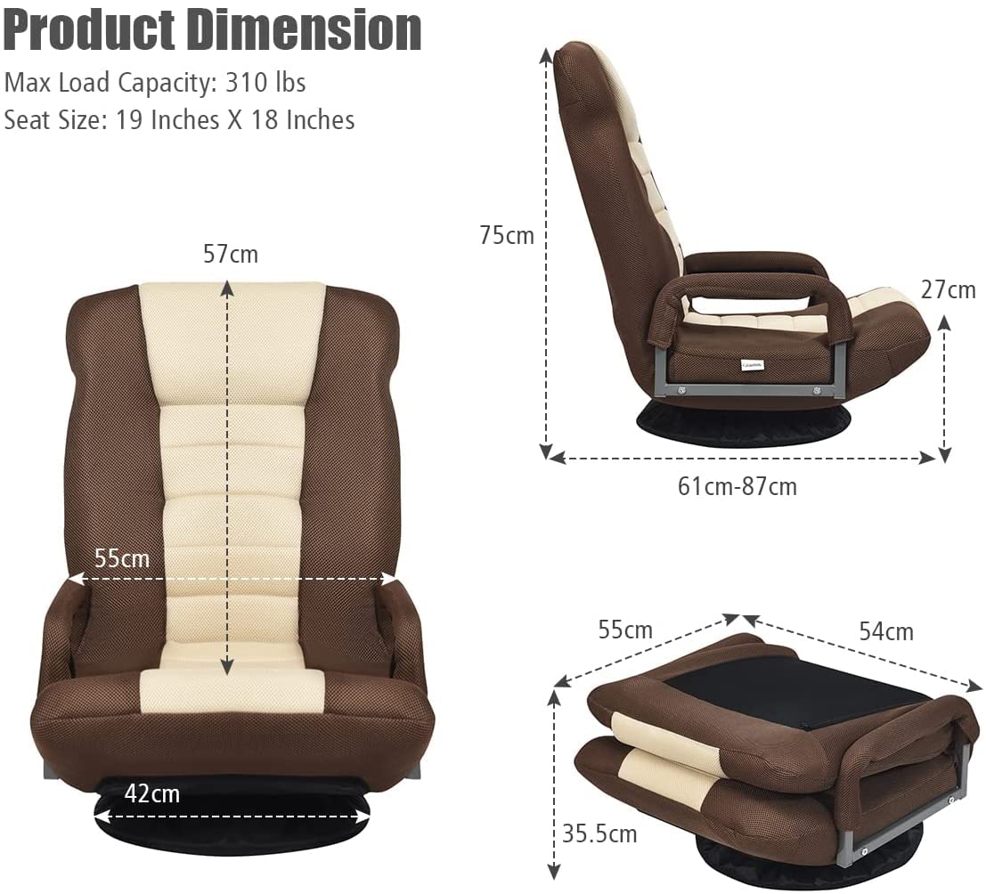 COSTWAY Silla de Suelo con Base Giratorio 360 ° y Respaldo Ajustable en 6 Posiciones Silla de Relax Meditación Sillón Perezoso Carga hasta 140 kg