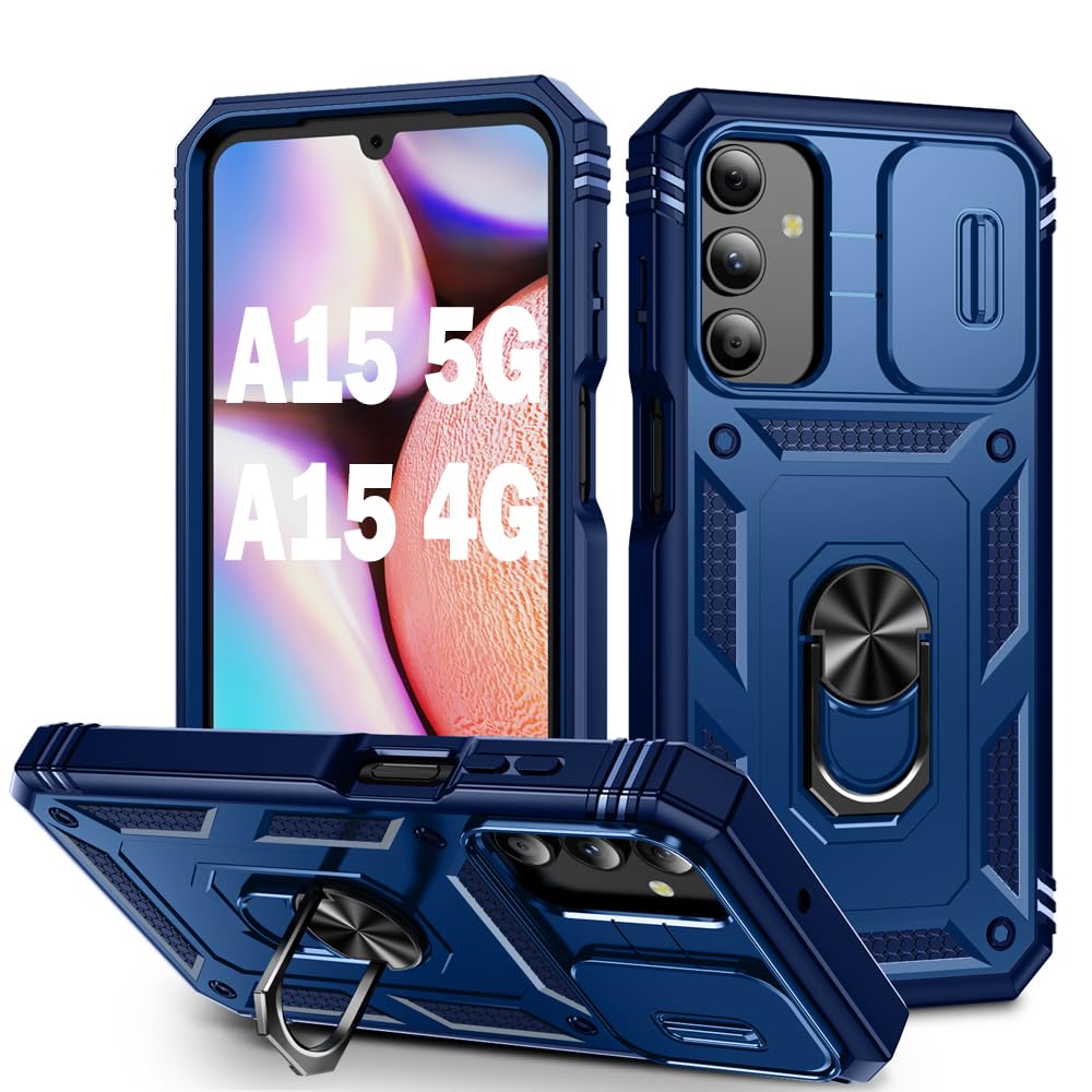 PASNEW Phone Case for Galaxy A15 5G,360°Metal Kickstand & Slide Camera Cover,Military Hard Shell Heavy Duty Shockproof Cases for Samsung A15 4G Blue,