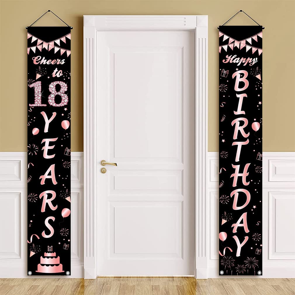 18th Birthday Banner Decorations for Girls, Cheers to 18 Years Birthday Porch Sign, Happy Eighteen Birthday Party Supplies, Indoor Outdoor Party Decor Backdrop (Rose Gold)