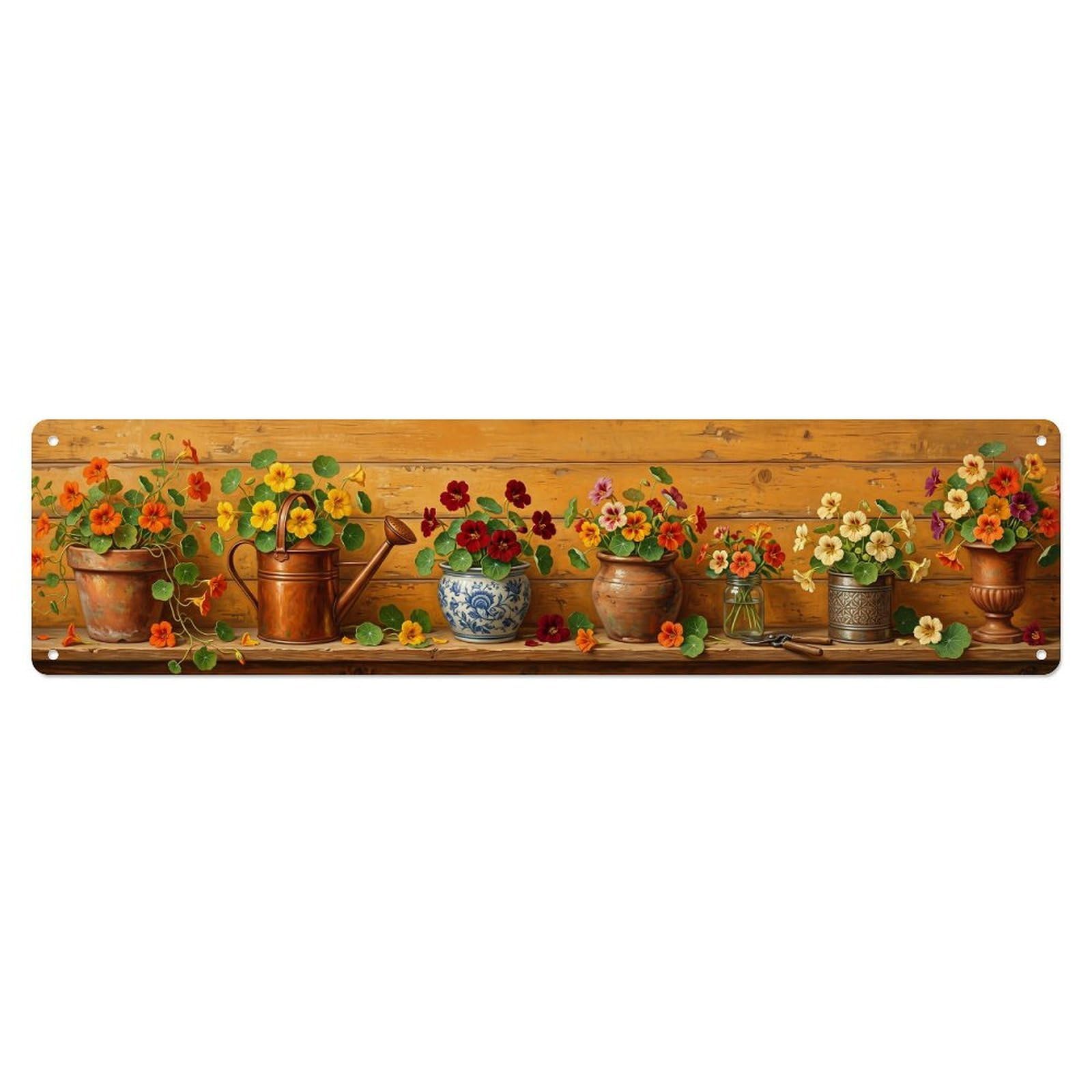 Floral Garden Tools Climbing Nasturtium Pattern Print Metal Tin Sign