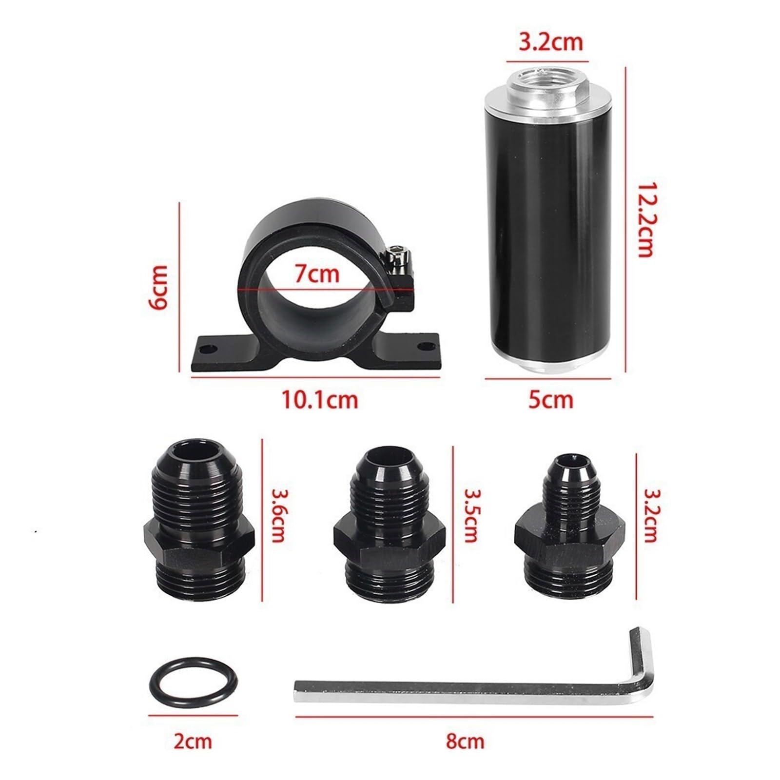 Filtro de combustible en línea 50 mm y 100 micras con soporte montaje aluminio, llave adaptador universal 6AN/8AN/10AN, lavable, negro/rojo(Red)