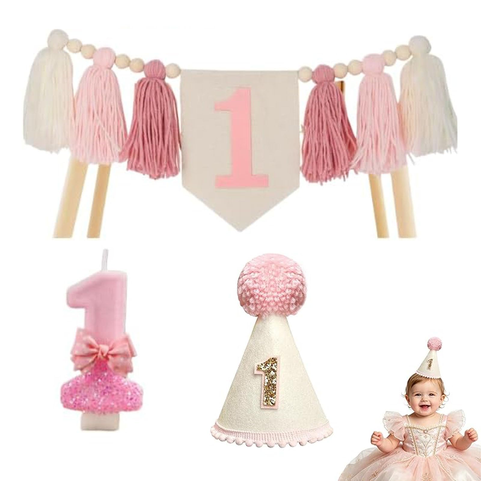 3-Piece 1st Birthday Decorations for Girls, Pink Birthday Party Decorations Set with Banner, Hat and Candle, First Birthday Party Supplies for Cake Smash and Photo Props