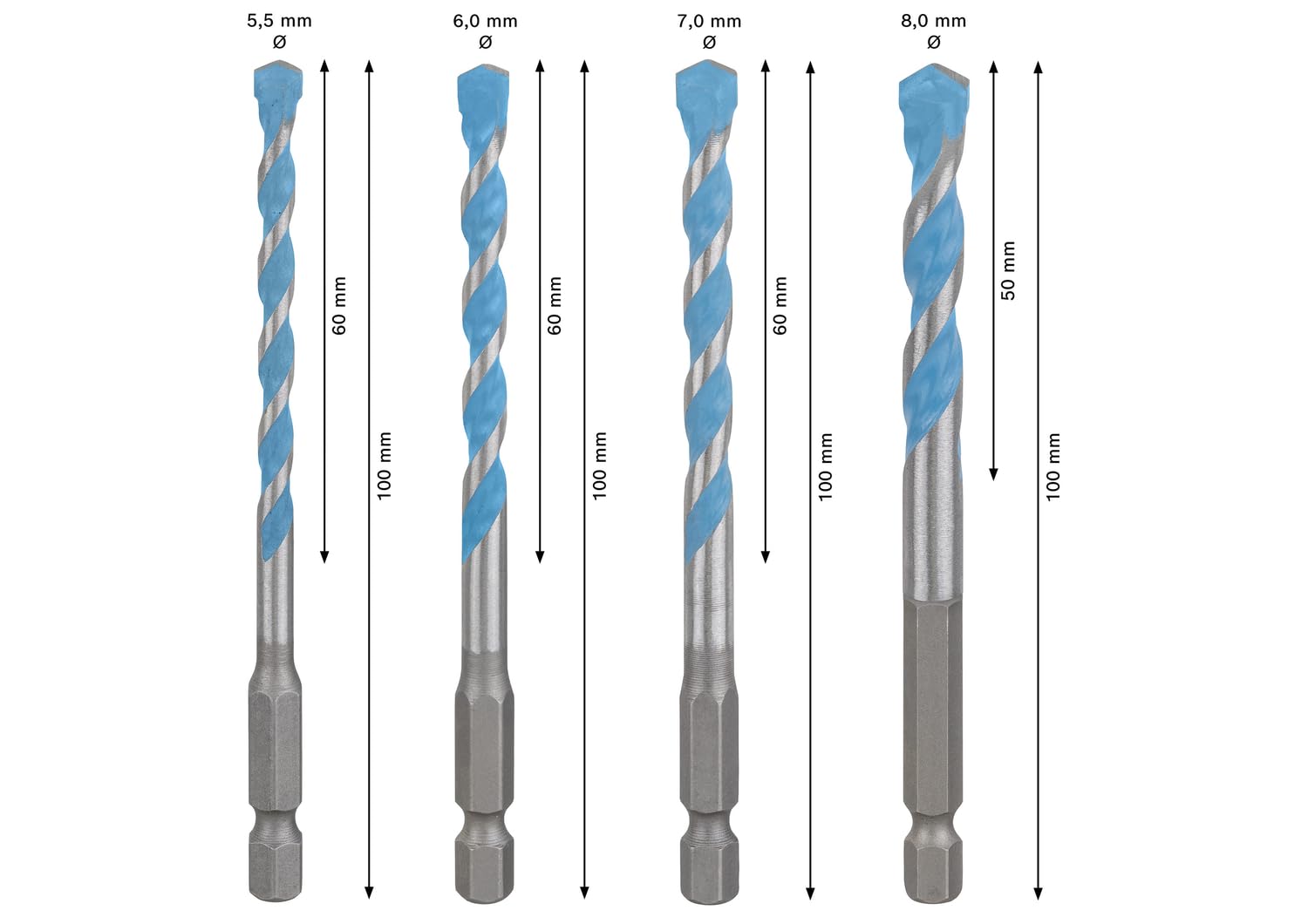 Bosch 5x Zestaw wierteł EXPERT HEX-9 Multi Construction (do Beton, Miękkie płytki ceramiczne, Ø 4,0, 5,0, 6,0, 6,0, 8,0 mm, Professional Akcesoria Wiertarki)