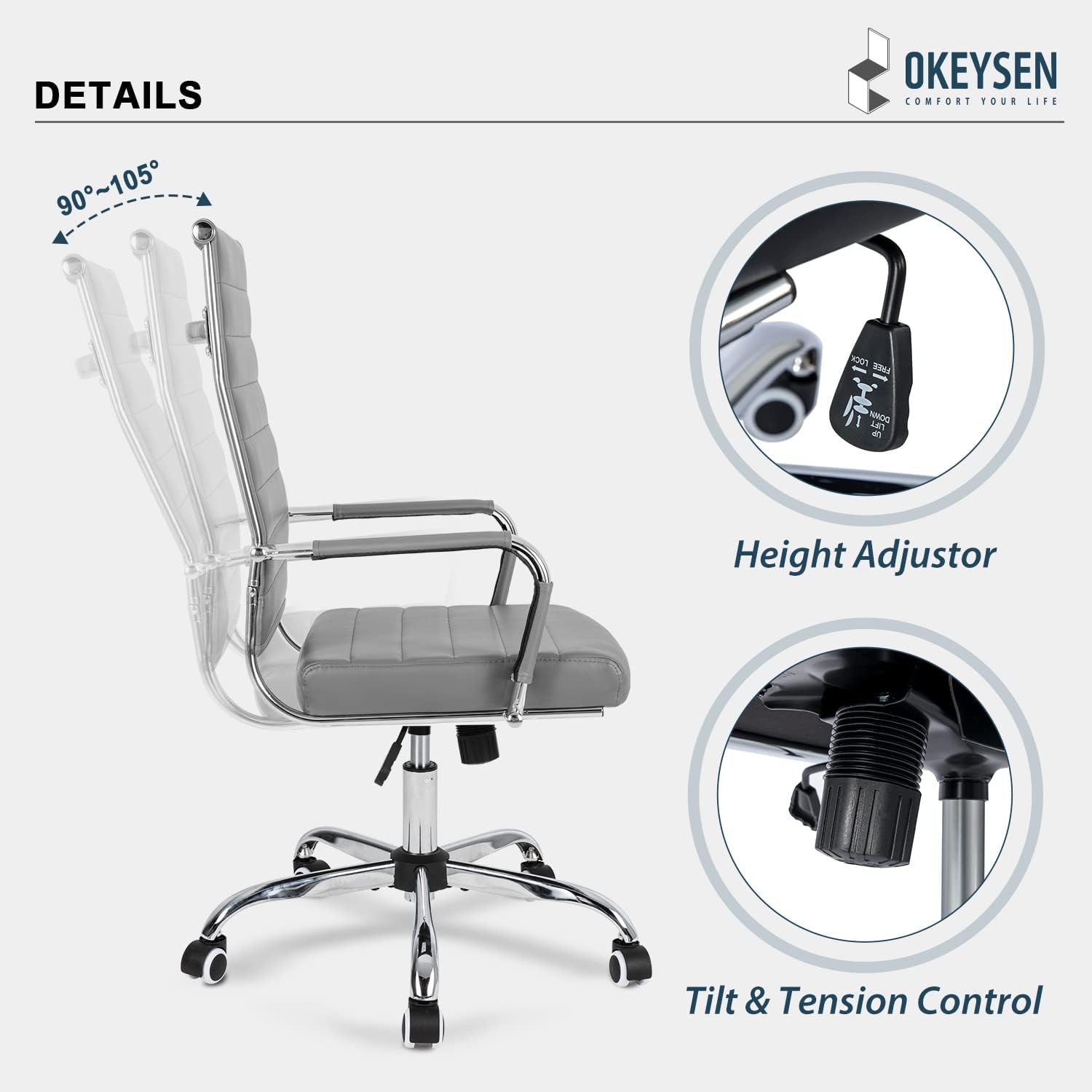 Diagram showing the height adjustor lever and tilt and tension control knob on the chair.