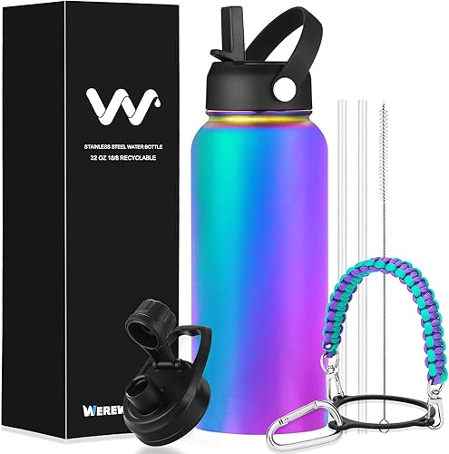 Miniatura 1 de WEREWOLVES Botella de agua aislada personalizada con mango de paracaídas, tapa de popote y tapa de boquilla, botella de agua de boca ancha de acero