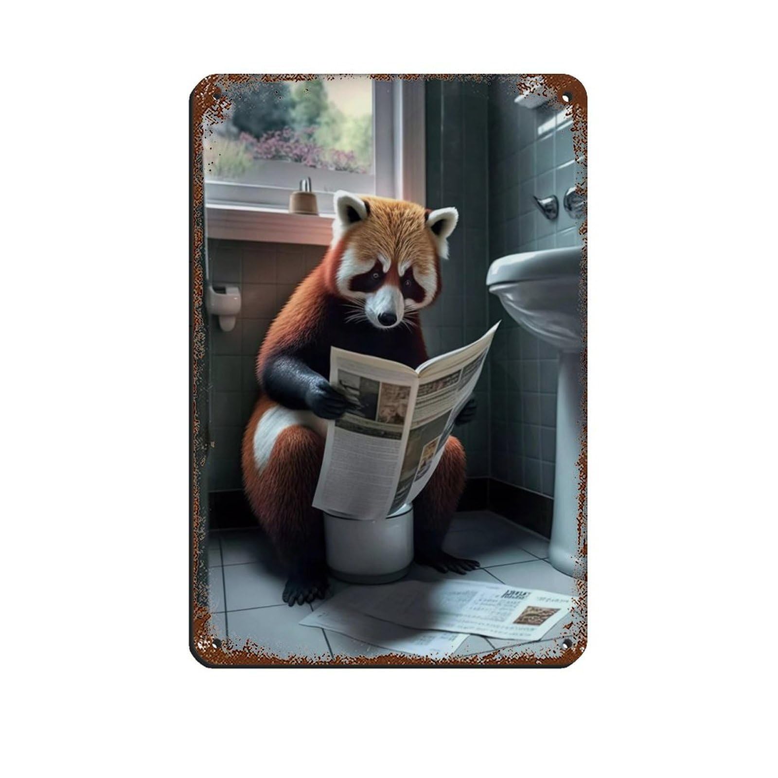 Red Panda Sitting on The Toilet Reading A Newspaper Tin Sign Vintage Metal Pub Club Cafe Bar Home Wall Art Decoration Poster Retro 8x12inch(20x30cm)
