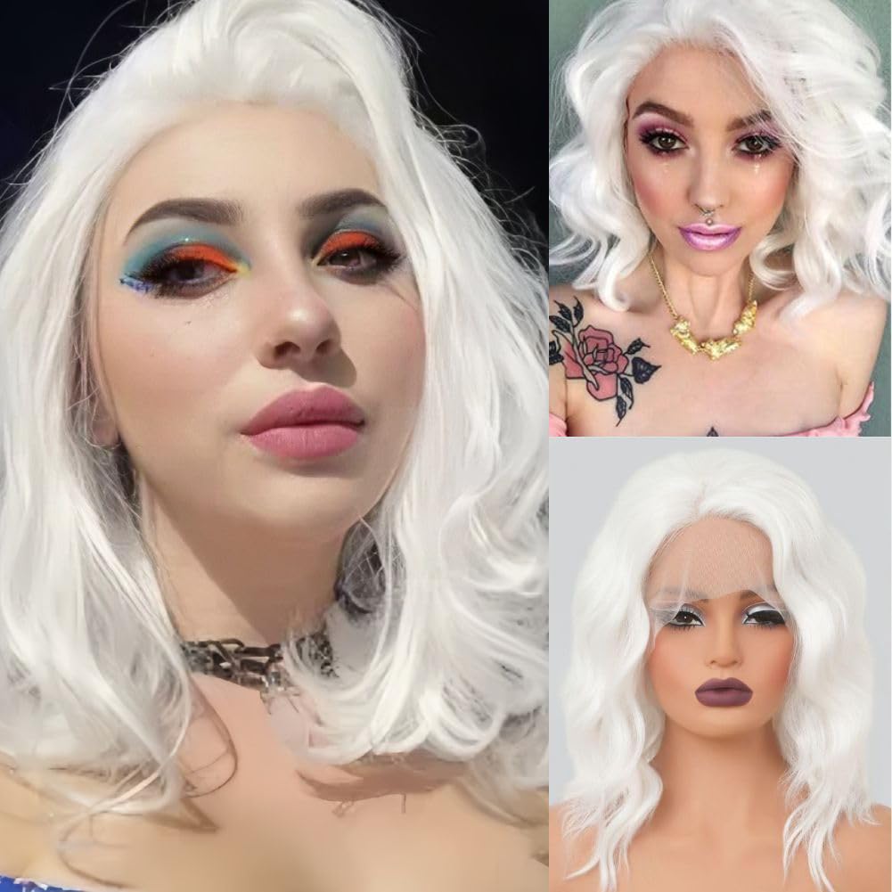 White Lace Front Curly Wig for Women Side Part Shoulder Length Wigs Cosplay Halloween Synthetic Hair Wigs