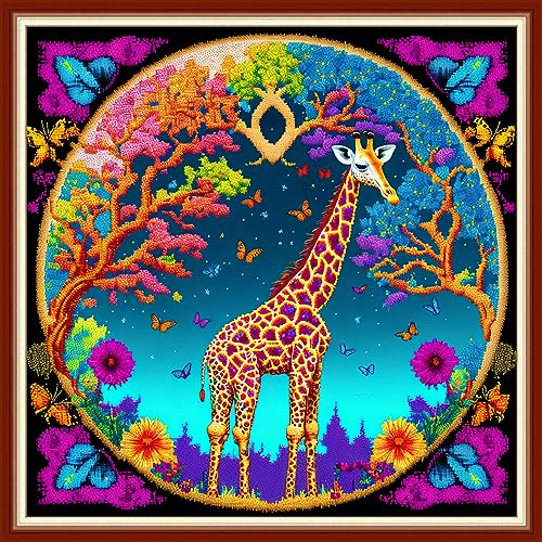 Image of Dimensean Stamped Cross Stitch Kits Full Range of Embroidery Patterns Starter Kits for Beginners Adult DIY Cross Stitches Needlepoint Kits 11CT-Giraffe Flower 17.7x17.7 inch