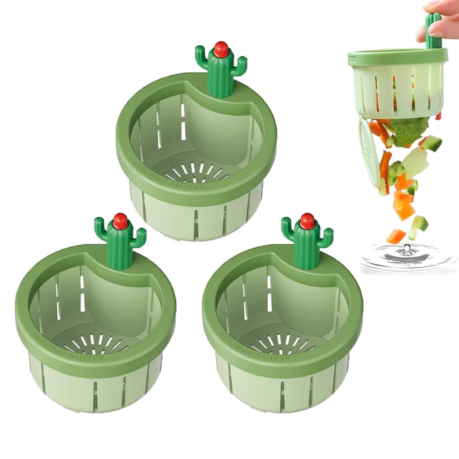 3PCS Cactus Kitchen Sink Drain Strainer, Press Automatic Dumping Basket, Multi-Functional Home Use Sink Draining Basket Filter Net Lifting Basket, Kitchen Waste Collector Filter for Sinks (Green)