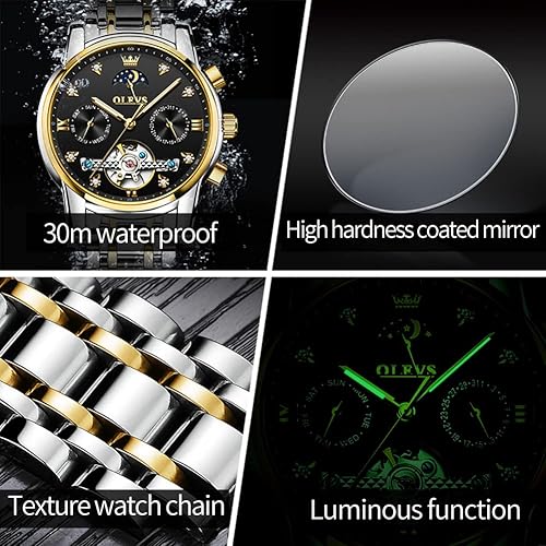 Miniatura 5 de OLEVS Relojes para hombre automático esqueleto 5 manecillas mecánico reloj de lujo clásico calendario acero inoxidable impermeable reloj de pulsera