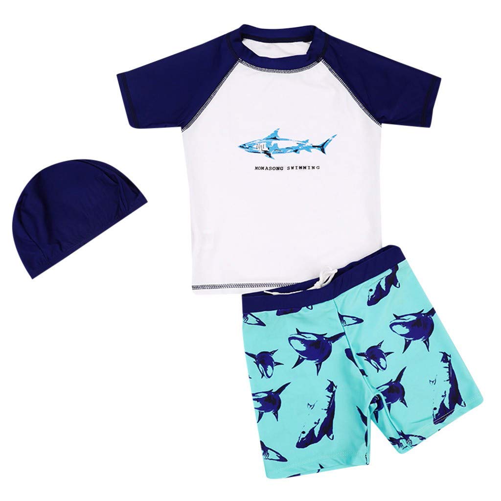 KONFA Baby Boys Two Pieces Swimsuit Bathing Suits Little Kids Swimwear Rashguard T-Shirt+Boyshort+Hat Cover Up