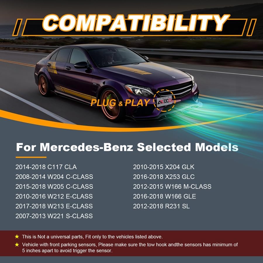 No-Drill Tow Hook License Plate Relocator for Mercedes-Benz CLA C117 W204 W205 W212 W213 X253 GLC GLK W166 GLE ML R231 No Blocking Sensor