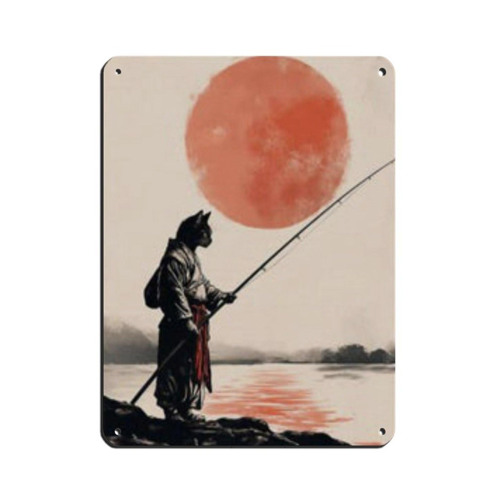 Lxwnze 30L X 40W Cm Samurai Cat Fishing Art Poster Retro Poster Metal Tin Sign Chic Art Retro Iron Painting Bar People Cave Cafe Family Garage Poster Wall Decoration 12X16inch(30X40cm)