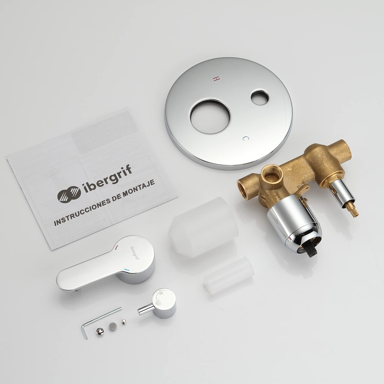 Ibergrif M21702A, Grifo de Ducha y Baño con Instalación Dos Válvulas, Cuerpo Empotrado universal, Cromo, Plata