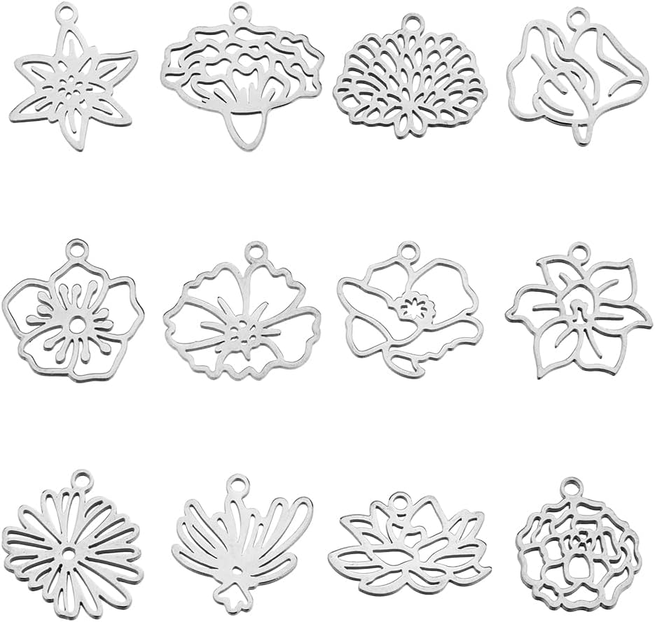 Birth Flower Charms Stainless Steel Flower Dangles Charm Hollow Floral Pendants for Jewelry Making DIY Bracelet Necklace Earrings Keychain