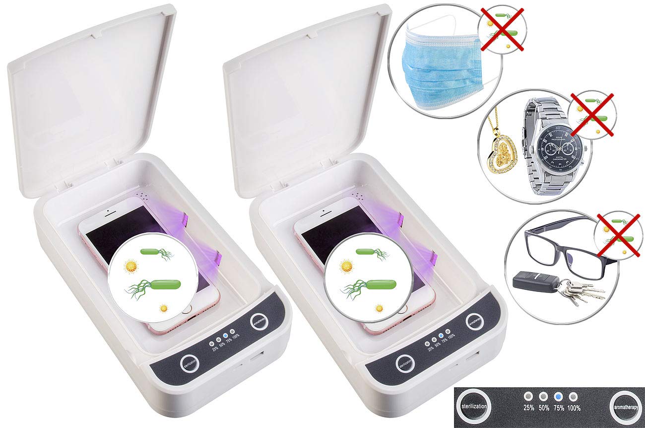 Somikon UV-Sterilisator: 2er-Set UV-Desinfektions-Boxen für Smartphone, Brille, Schlüssel usw. (Sterilisator Desinfektionbox, Desinfektionsbox, NAS)
