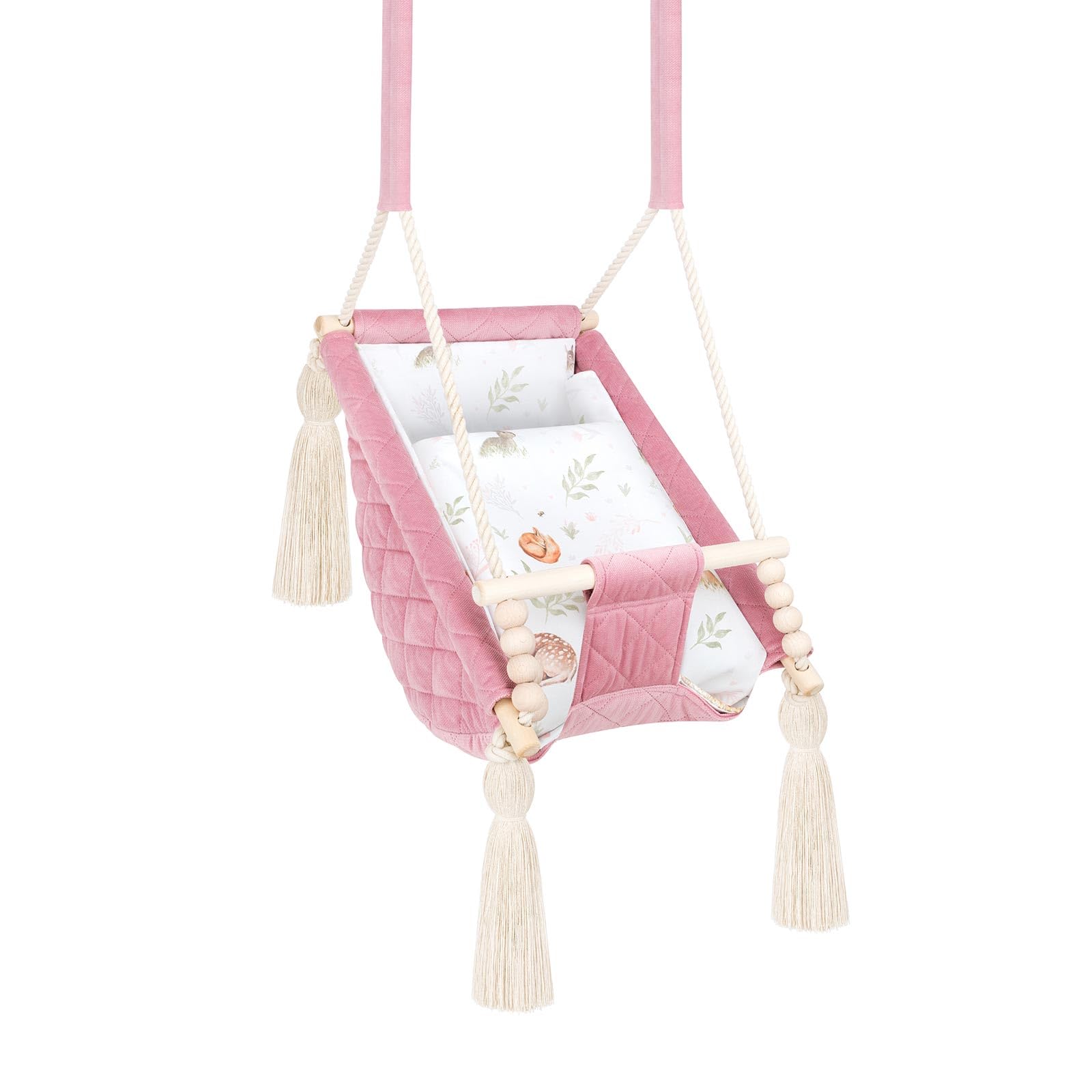 Altalena Bambino Rosa Velluto, Amaca Interna 2m+, Personalizzabile con Nome Ricamato, Made in Europa, Sedile sospeso sicuro 25kg