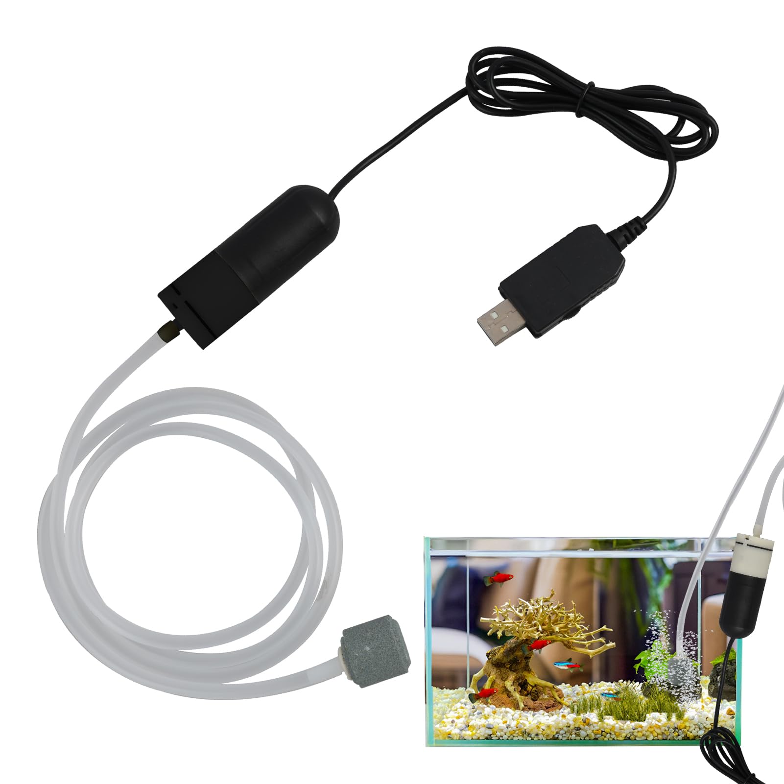 Mini USB Pompa Powietrza do Akwarium, Pompa Tlenu z Kamieniem Powietrzającym do Akwarium, Urządzenie do Napowietrzania Zbiorników Rybich, Akcesoria do Akwariów z Wodą Słodką i Morską, Energooszczędna