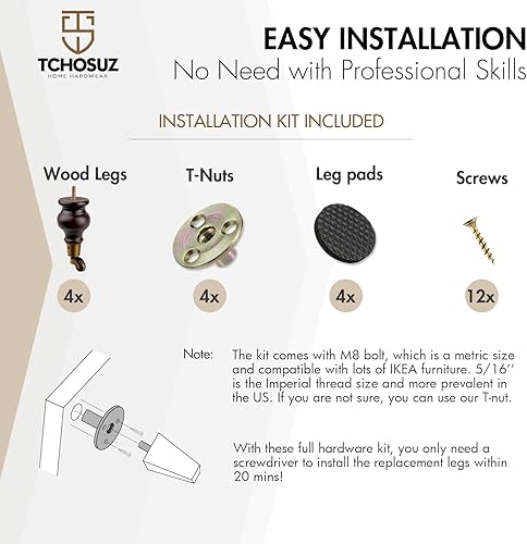 Miniatura 5 de Patas de madera de 6 pulgadas para muebles, paquete de 4 patas redondas de madera maciza de nogal clásico de repuesto con ruedas giratorias para