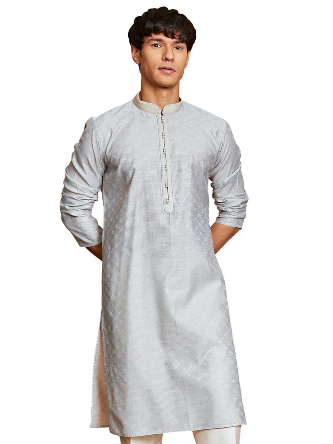 vastramay Men's Jacquard Kurta with Embroidered Collar – Elegant Ethnic Wear for Weddings & Festive Occasions-picture-42