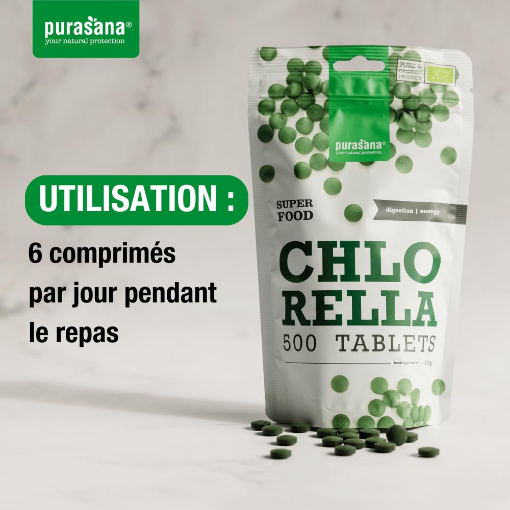Purasana® Chlorella Biologique Pure Bio, 500 comprimés, 1500 mg par Dose. Paroi Cellulaire Brisée. Satiété Naturelle. Détox. Protéines Végétaliennes, Chlorophylle Biologique. Energie et Vitalité