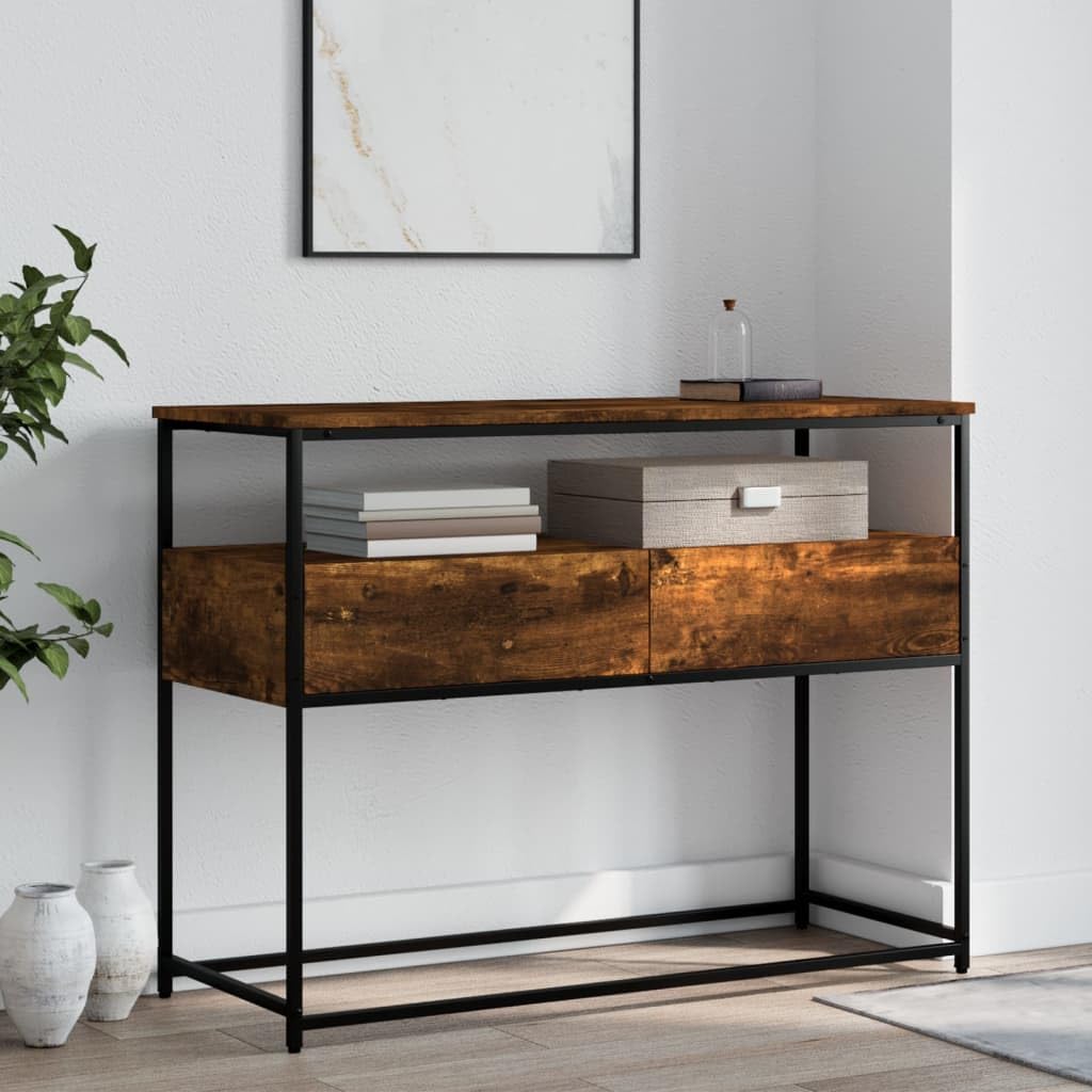 SXZenSpace Console Table 100x40x75 cm Smoked Oak Engineered Wood with Metal Frame, Adjustable Feet, Slim Hallway Furniture for Living Room Corridor and Bedroom