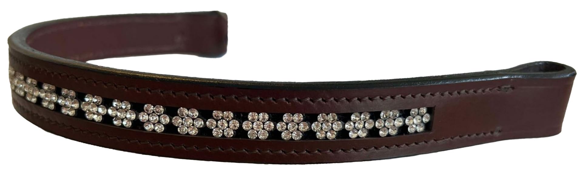 Equitem Leather English Browband with Round Crystal Flower Design (Brown Leather w Clear Crystals w Black Setting, Full 16