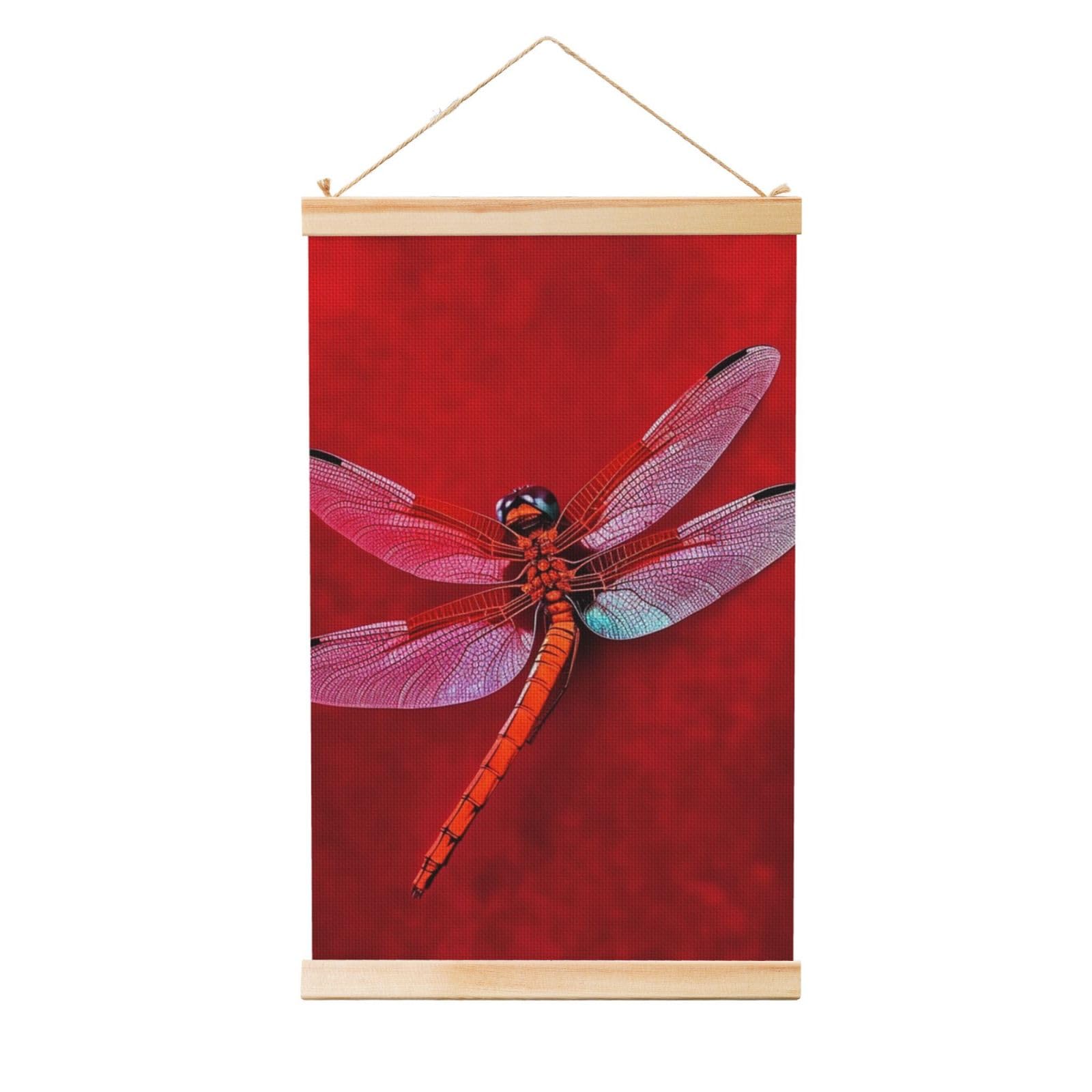 Dragonfly on Red Background Poster Wooden Shaft Hanging Poster Wall Hanging Banner Canvas Artwork with Wood Frames 12"x18" Modern Artwork Decor Ready to Hang Wall Art for Home Decor Scroll Painting